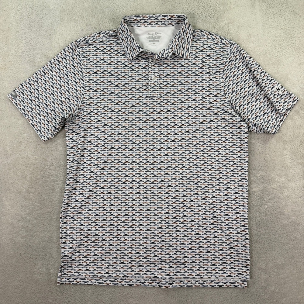 Straight Down Mens Medium Performance Polo Shirt White Classic Car Print Golf